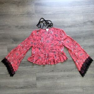 Cinq a Sept Jemma Red Floral Paisley Silk Bell Sleeve Cropped Top w/ Choker Sz S